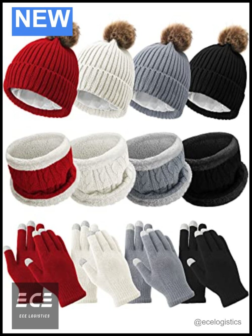 Winter Beanie Hat Scarf Touchscreen Glove Set 12 Pc Polyester Knit